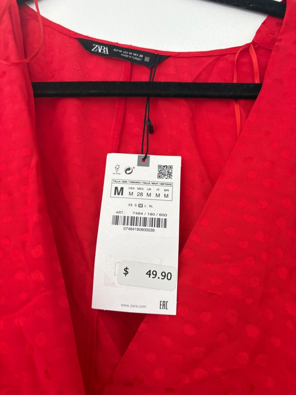 NWT Zara Bright Red V-Neck Cropped Balloon Sleeve Blouse - Picture 3 of 4
